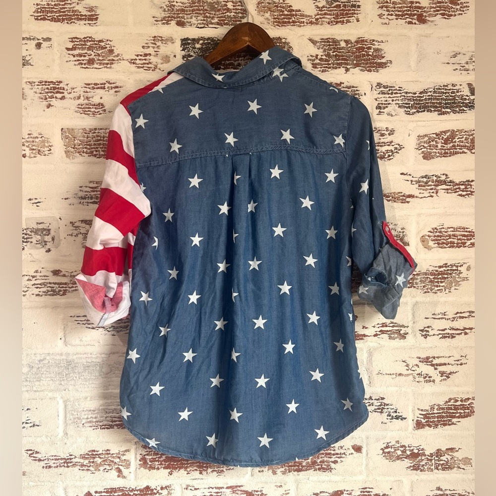 Soho NY&Co Americana Stars & Stripes Denim Button Down Shirt Patriotic Sz M - Picture 6 of 9